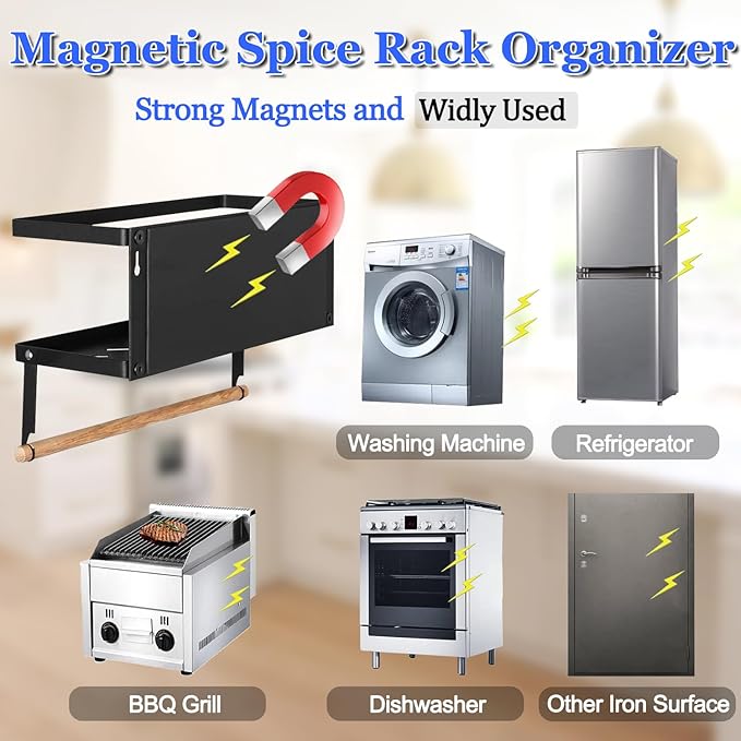 Magnetic Spice Rack for Refrigerator Magnetic Paper Towel Holder for Fridge Magnetic Shelf Magnetic Shelves 2 Hooks Fridge Magnet Organizer Spice Rack Seasoning Organizer Kitchen Storage