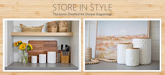 Engraved Design Kitchen Canisters Set of 3 with 74 Oz, 36 Oz, and 18 Oz - White Storage Jars for Countertop with Airtight Bamboo Lids - Large Flour Tea Coffee Sugar Spices Container - Decorative