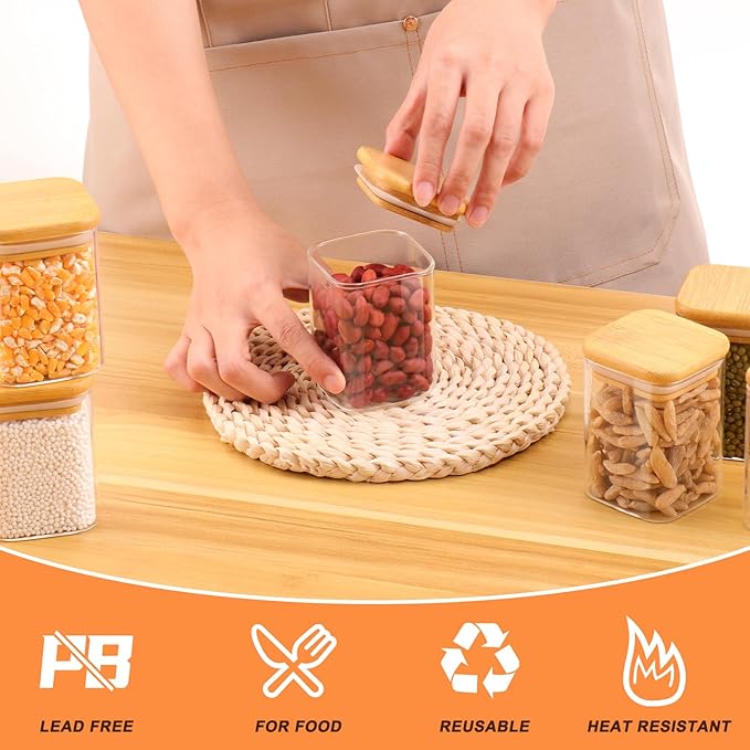 Glass Spice Jars with Bamboo Lids - 9 Oz Small Square Storage Jars with Airtight Lids Clear Pantry Food Storage Containers Glass Canister Set with Labels for Kitchen Coffee Sugar Flour(Set Of 10)