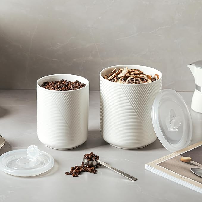 Canister Sets for Kitchen Countertop: Ceramic Food Storage Jar with Airtight Lids - Large Seal Damp-proof Containers for Coffee Tea Flour Sugar Rice Cookies Candy - White 100 oz (42+75 oz)