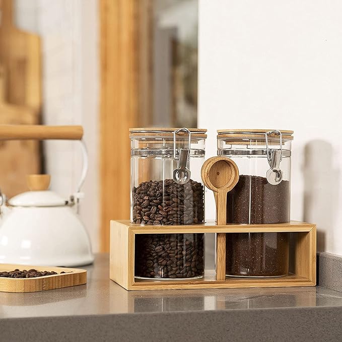 Yangbaga Glass Coffee Containers with Shelf, 2 x 45 oz Coffee Bean Storage with Airtight Locking Clamp and Bamboo Spoon, Large Capacity Food Storage Jar for Kitchen