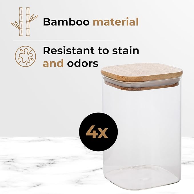 32oz Square Borosilicate Glass Canister With Bamboo Lid, Airtight Pantry Storage Jar Containers Ideal for Rice, Candy, Sugar, Flour, Nuts, Cookies and Coffee Beans (4 Pack)