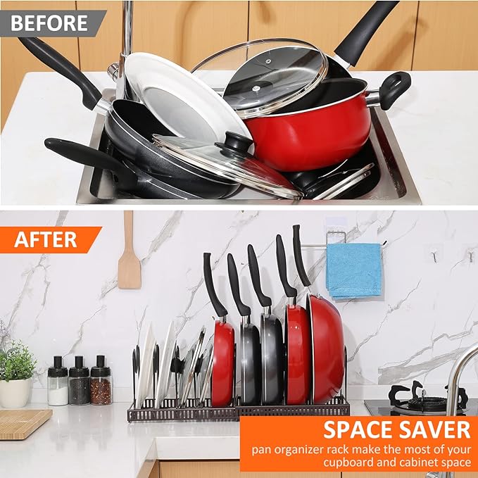 ROOHUA Pot Rack -Expandable Pan Organizer for Cabinet,Pot Lid Holder with 10 Adjustable Compartment for Kitchen Cabinet Cookware Baking Frying Rack,Bronze