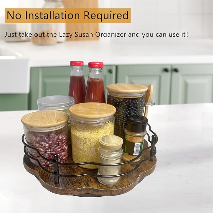 13" Wood Lazy Susan Turntable Organizer, 360°Rotating Non-Slip Lazy Susan Spice Rack Organizer with Higher Edge for Table Top Cabinet Kitchen Countertop Dining Table Coffee Bar Storage