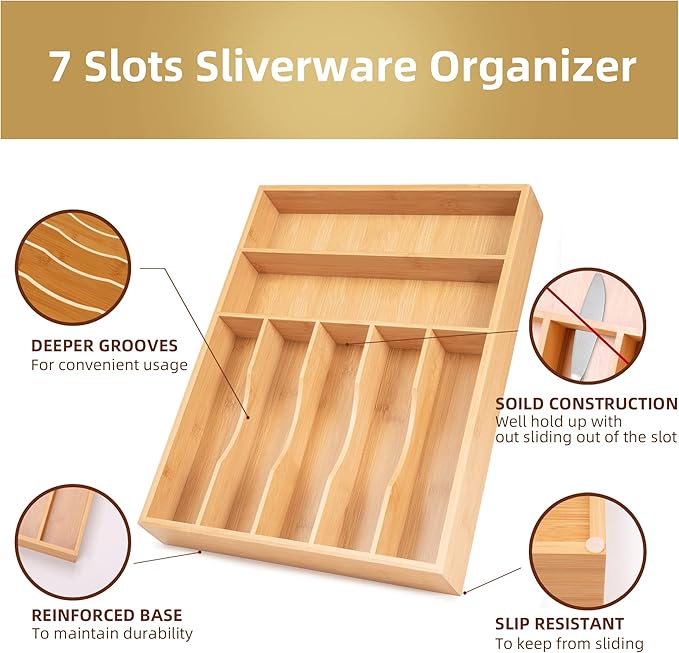 Bamboo Kitchen Drawer Organizer, 13 Inch Silverware Organizer with Extra-deep Grooved Divider, 7 Slots Pure Bamboo Wood Caddy for Flatware Cutlery Knives, Forks, Spoons