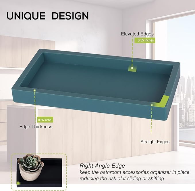 Small Silicone Bathroom Vanity Tray Rectangle Soap and Sponge Holder Kitchen Sink Organizer for Scrubber, Lotion Bottles, Perfume, Jewelry, Candle, Key Trinket Ring, Turquoise
