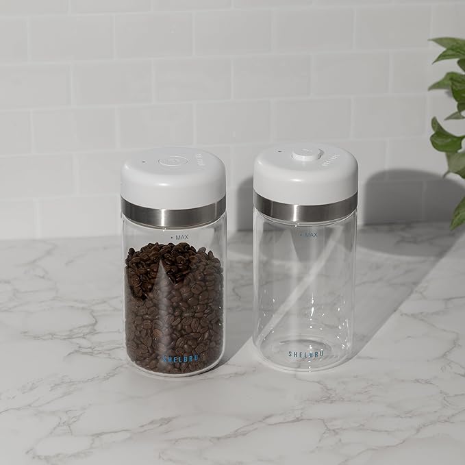 Smart Coffee Container & Food Storage w/Electric Vacuum Seal, Airtight Coffee Canister for Whole & Ground Bean Storage, Durable Borosilicate Glass Jar, Charging Cable Included, 10.5oz / 250g