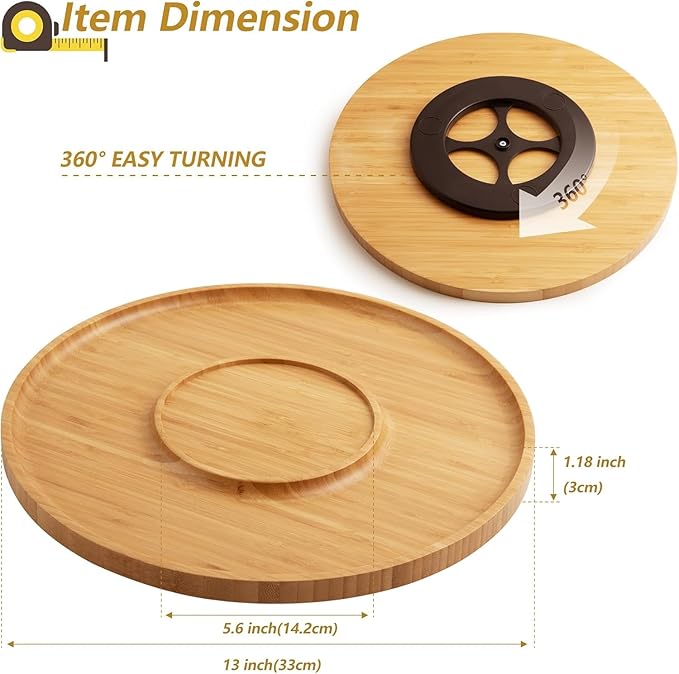 13" Bamboo Wood Lazy Susan Organizer Turntable for Kitchen Spice Rack Rotating for Cabinet, Countertop, Dining Table Top or Pantry, Smores Maker Station for Tabletop Fire Pit