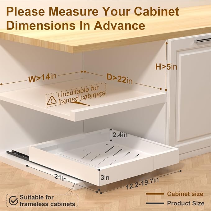 1 Pack 21" Deep Pull Out Drawers for Cabinets, Expandable Slide Out Drawers for Kitchen Cabinets, Pull Out Cabinet Organizer Roll Out Shelves for Pantry(Width 12.2"-19.7", White)