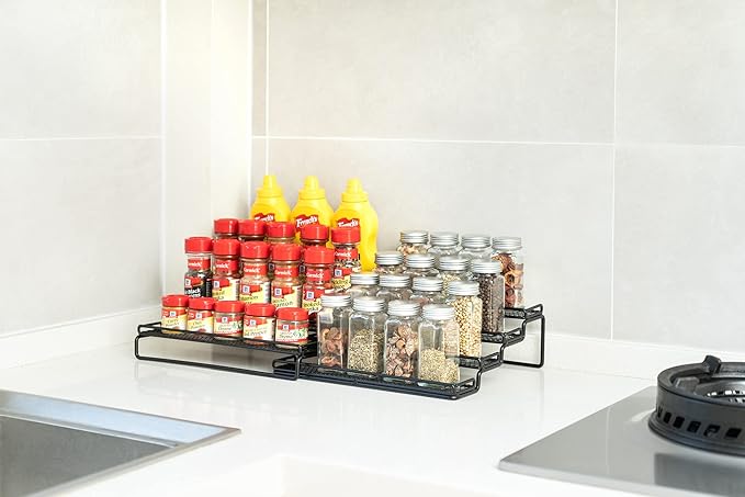 GONGSHI Spice Rack Organizer for Cabinet, Pantry and Countertop, 4 Tier Expandable Seasoning Shelf for Cabinet, Black