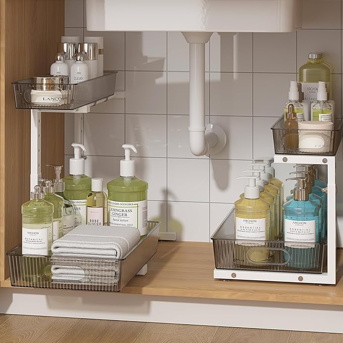 ADRIMER Under Sink Organizer 2 Packs, Pull Out Kitchen Sink Organizer, 2 Tier Slide Out Kitchen Organizers and Storage Bathroom Under Cabinet Storage Shelf, Grey