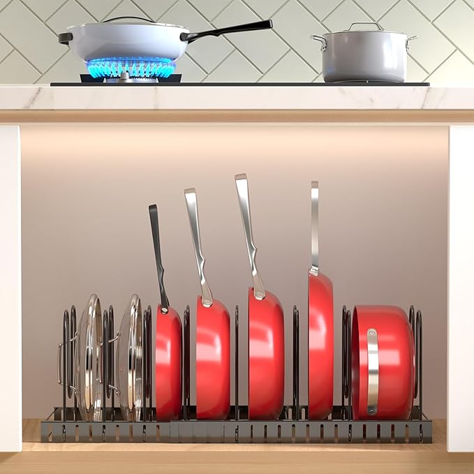 Expandable Pots and Pans Organizer Under Cabinet, with 10 Adjustable Dividers Pot and Pan Organizer, for Kitchen Baking Cookies Cookware Pantry Baking Pan Lid Organizer Black