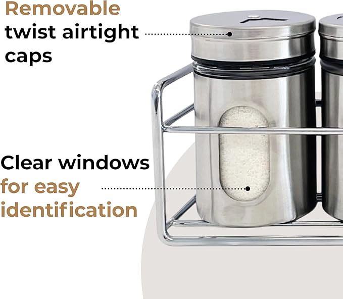 4 Pcs Stainless Steel Spice Seasoning Container Jars with Storage Rack, Perfect for Storing Spices, Salt, Pepper, Sugar and Dry Ingredients (Silver)