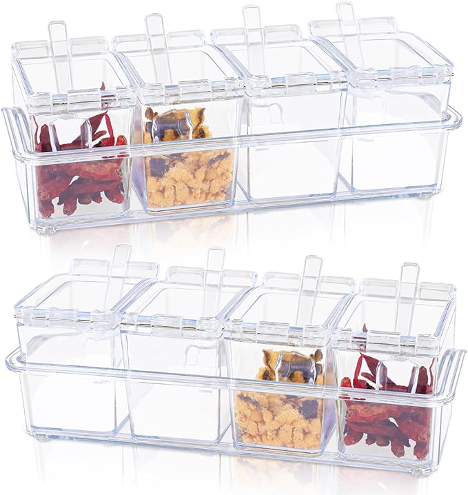 Clear Seasoning Box, 8 Piece Seasoning Rack Spice Pots, Plastic Storage Container Condiment Jars with Lids and Spoon, Kitchen Organization Containers for Spice, Salt, Sugar, Cruet (2 Set)