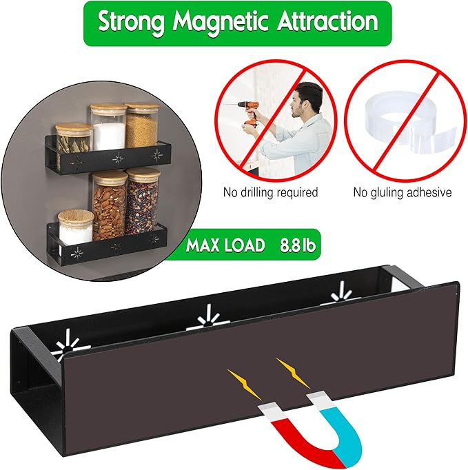 LRAE 2 Pack Magnetic Spice Rack for Refrigerator, Metal Fridge Shelf Kitchen Organization, Spice Magnetic Rack, Strong Magnet Seasoning Rack for Kitchen and Classroom Organizer, Black