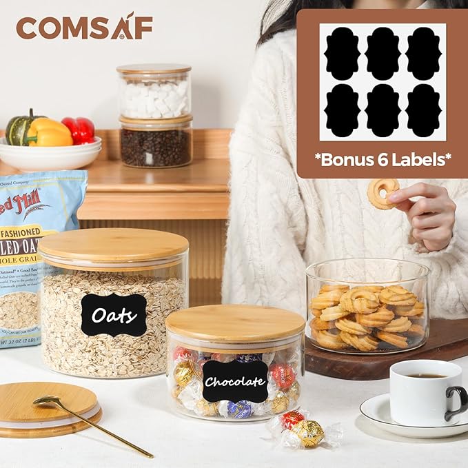 ComSaf Glass Food Storage Containers, 100 oz/44 oz Glass Flour and Sugar Containers with Airtight Lids, 7.1'' Wide Mouth Large Glass Jars with Bamboo Lid for Rice, Pasta, Oats, Grains, Cookie, Candy
