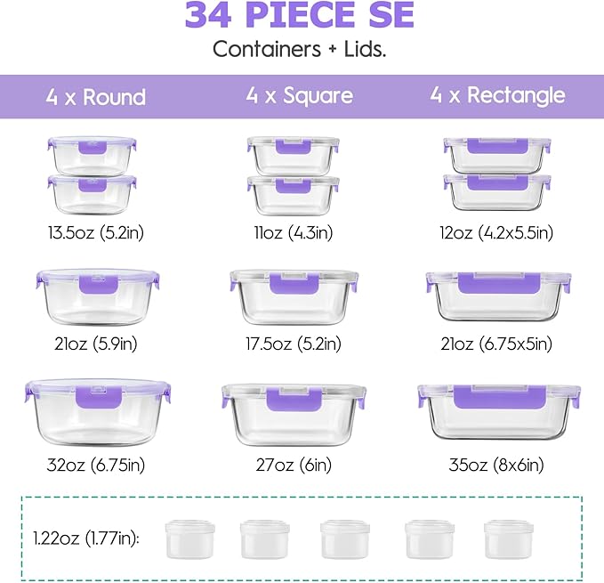 34pcs Glass Food Storage Containers with Lids Set, Airtight Glass Meal Prep Containers (17 Containers & 17 Lids), Leak Proof Lunch Containers BPA-Free, Microwave, Oven, Freezer, Dishwasher Safe-Purple