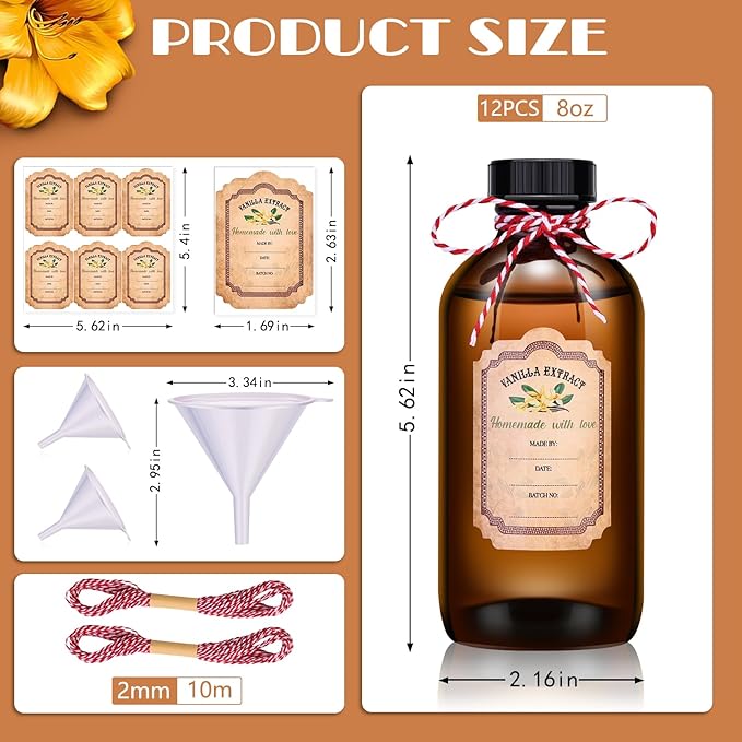 12 Pack Amber Glass Bottles for Vanilla Extract Homemade 8 oz,Vanilla Extract Bottles,Brown Boston Round Bottles with Caps and Stickers,Glass Food Storage Canister for Syrup Beans Sauce Essential Oil