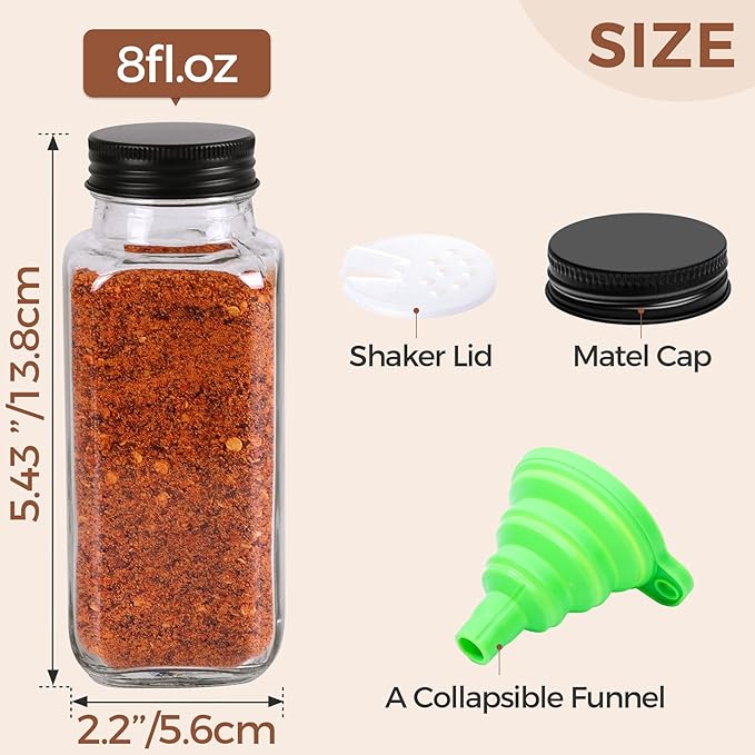 ComSaf Large Spice Jars, 6Pcs 8 oz glass spice bottle with lids, Empty Spice Containers and Square Spice Bottles, Trial Set & Supplement Set for Kitchen and Seasoning