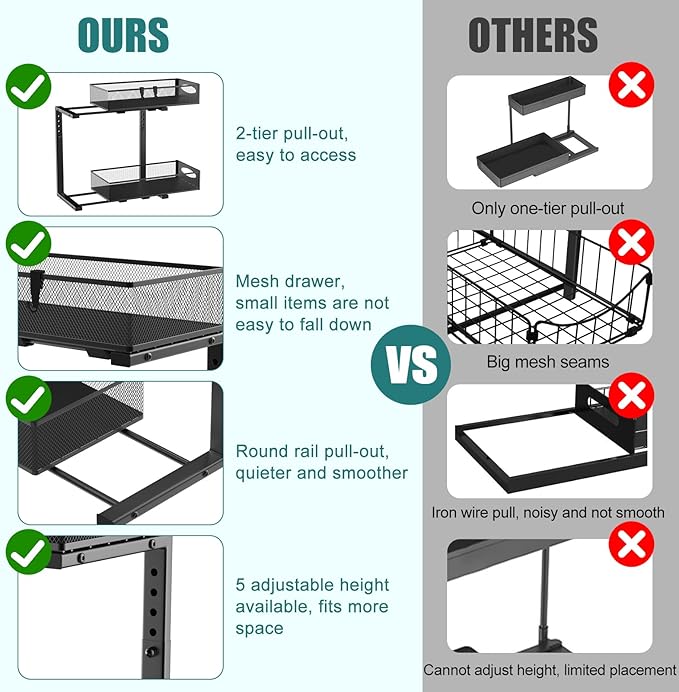 1 Pack Under Sink Organizer, 2 Tier Metal Pull Out Under Sink Storage with Sliding Mesh Drawers, Height Adjustable Slide Out Under Sink Organizer for Kitchen Bathroom Cabinet, Black