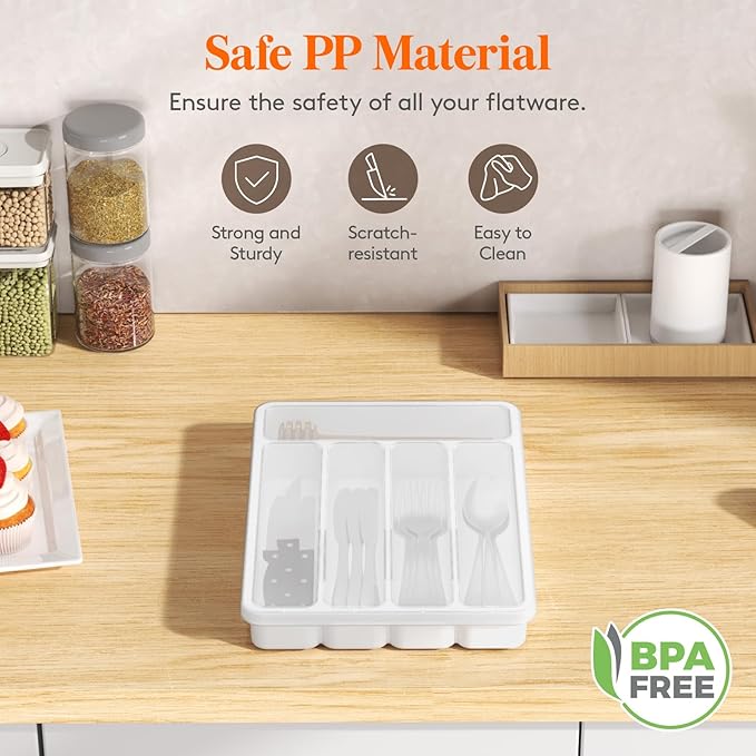 Lifewit Silverware Organizer with Lid, Covered Utensil Tray for Kitchen Drawer and Countertop, Plastic Cutlery and Flatware Storage Box for Spoons Forks Knives Holder Case, 5 Compartments, White