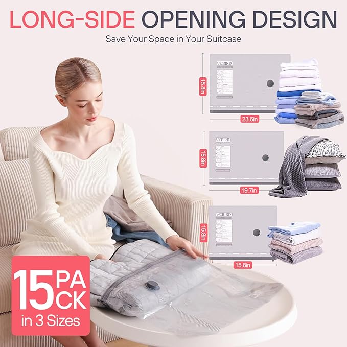 VMstr Vacuum Storage Bags With Electric Pump (D/C Powered), 15 Pack Travel Compression Sealing Bags for Clothes and Clothing Luggage Suitcase Packing, Carry-on Travel Size