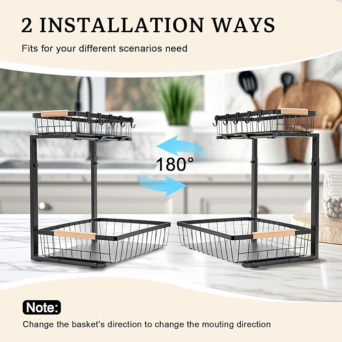 2 Pack Under Sink Organizer, Sliding Cabinet Basket Organizer 2 Tier Under Bathroom Storage Rack with Hooks, Hanging Cup, Dividers, Multi-purpose Storage Shelf for Bathroom Kitchen, Black