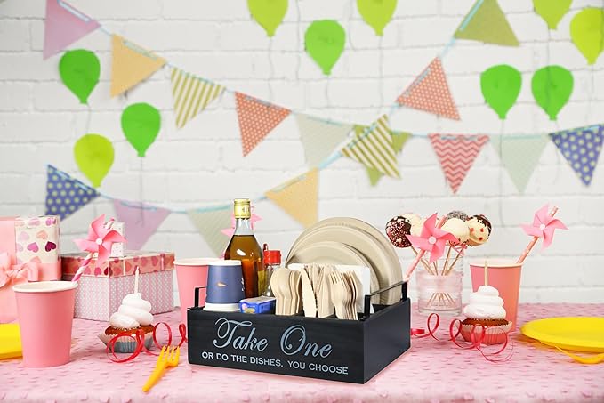 Paper Plate Holder Utensil Caddy Organizer - Rustic Wood Disposable Plate Dispenser with Handles for Cups, Forks, Spoons, Napkins and Silverware Holders (handle paper plate holder)