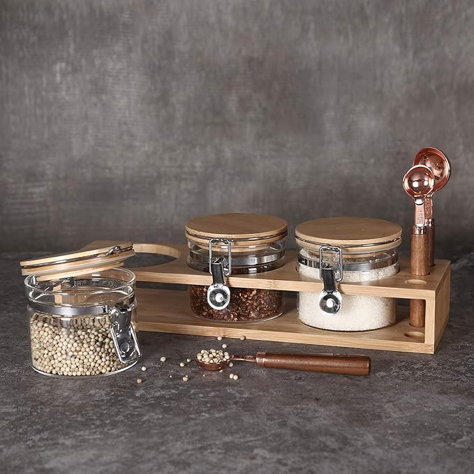 KKC HOME ACCENTS Airtight Borosilicate Glass Storage Jars with Clamp Lids and Scoops,Vacuum sealed Glass Containers for Sugar,Pink Himalayan Salt,Whole Black Peppercorns,Chili Garlic Powder,16 Fl oz