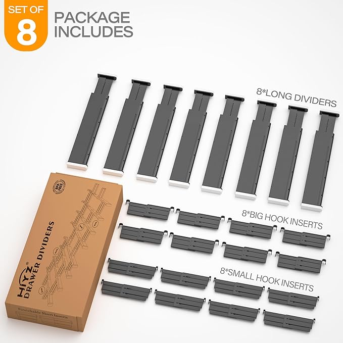 HiYZ Expandable Drawer Dividers with Inserts, Large Kitchen Utensils Drawers Divider, 2.36" High Adjustable Drawer Organizers Separators for Clothing, Kitchen Utensils, 8 Dividers with 16 Inserts
