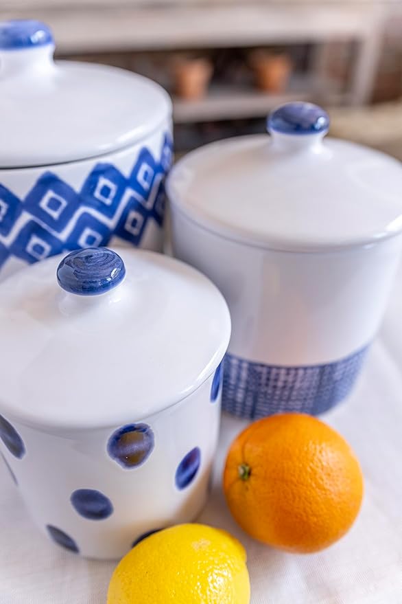 Vietri Viva Santorini Diamond Large Canister Elegant Ceramic Earthenware Kitchen Storage Jar with Lid 7.5 Inch Blue White