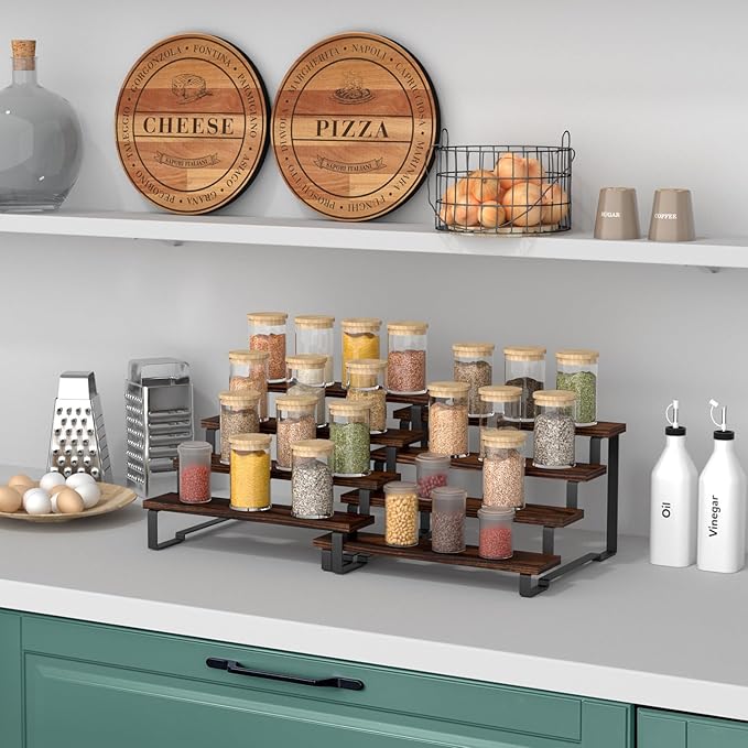 4 Tier Expandable Spice Rack Organizer (13.8” to 26”) Display Riser Stand, Kitchen Cabinet Countertop Pantry Coffee Bar Display Shelf for Spice, Liquor, Figure (2Pack-4Tier-Rustic Brown)