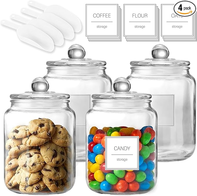 Half Gallon Large Glass Jars with Lids, Airtight Storage Clear Containers for Kitchen, Laundry Room and Pantry Food Organization, Set of 4
