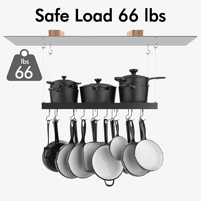 KES Ceiling Pot Rack 30 Inches, Hanging Pots and Pans Organizer Rack for Ceiling with 15 Hooks, Matt Black Kitchen Pot Hanger Rack, KUR219S75-BK