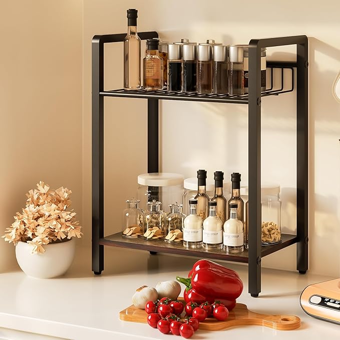 2-Tier Kitchen Counter Shelf Organizer – Metal Mesh & Wood Board, Large Storage Space, Easy to Install Countertop Organizer for Kitchen, Coffee Station, and Office