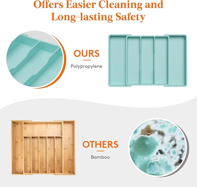Lifewit Utensil Organizer for Kitchen Drawers, Expandable Cooking Utensil Tray, Adjustable Cutlery Silverware Flatware Holder, Plastic Spatula Tools and Gadgets Storage Divider, Large, Turquoise