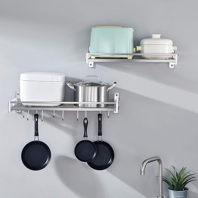 Wall Mounted Pot Holder Pan Organizer with 16 Hooks, Stainless Steel Kitchen Wall Pots and Pans Rack, Heavy Duty, Modern Slat Design (24'' by 9 1/2")