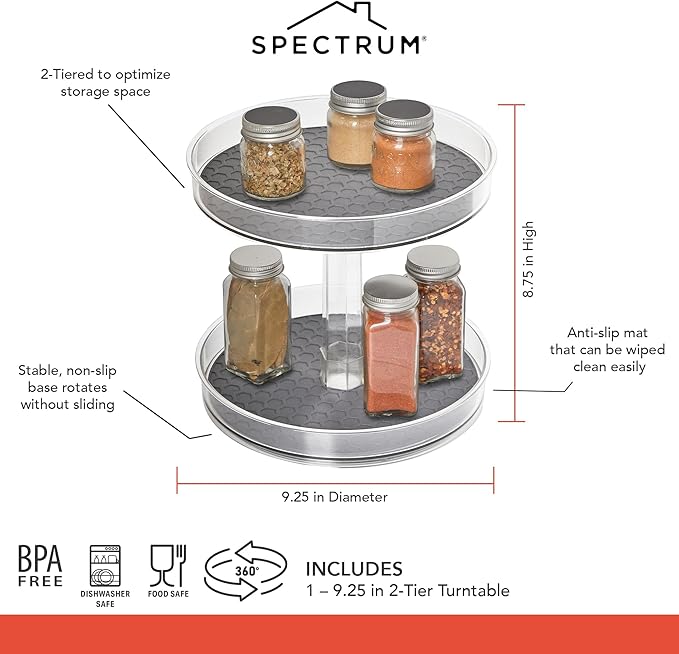 Spectrum 2-Tier Hexa Lazy Susan Organizer - Lazy Susan Turntable for Cabinet, Refrigerator, Pantry, Table, & Shelf - Rotating & Spinning Pantry Organization - Spice Rack Storage for Fridge