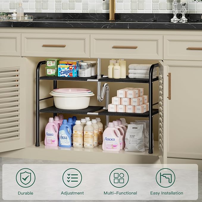 Under Sink Organizer, Kitchen Bathroom Organizers and Storage, shoe cabinet organizer with 8 Removable Panels, 2-Tier Expandable Multi-Purpose Storage Shelf (Expand from17.7 to 32.2")