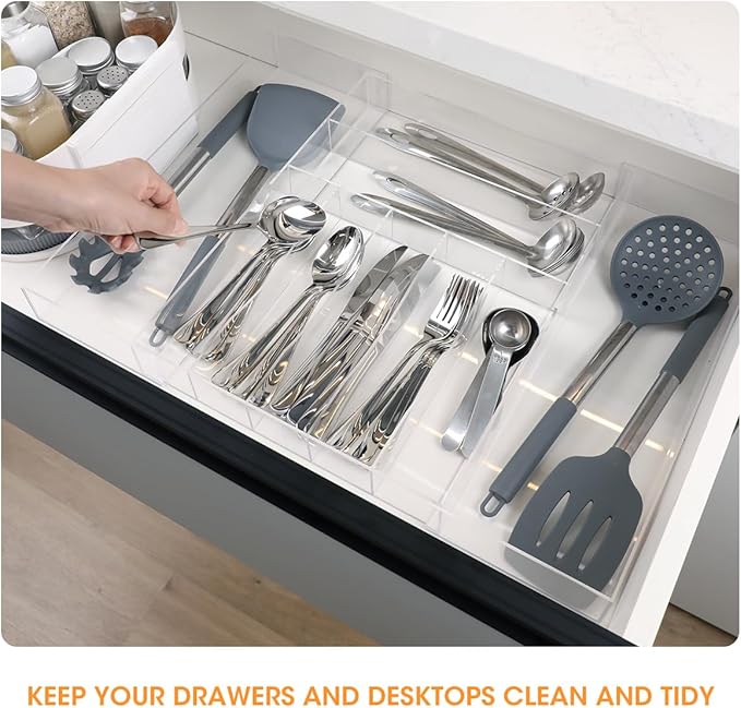 AIEVE Clear Acrylic Silverware Organizer, Expandable Kitchen Drawer Organizer for Utensils, Flatware, Cutlery with 9 Compartments