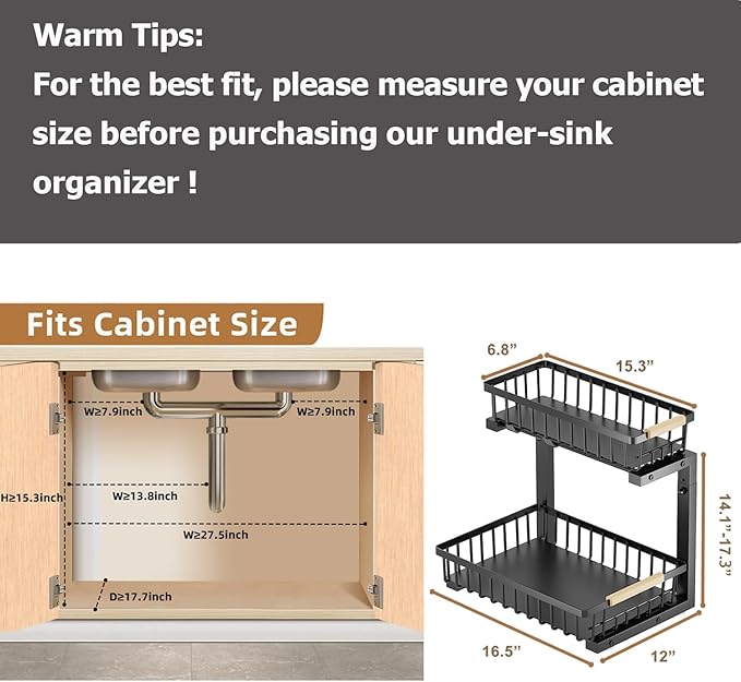 2 Pack Under Sink Organizer, Metal Slide Out Under Sink Organizers and Storage Shelves, Height Adjustable Pull Out Under Cabinet Organizer, Under Sink Storage for Kitchen, Bathroom (Black)