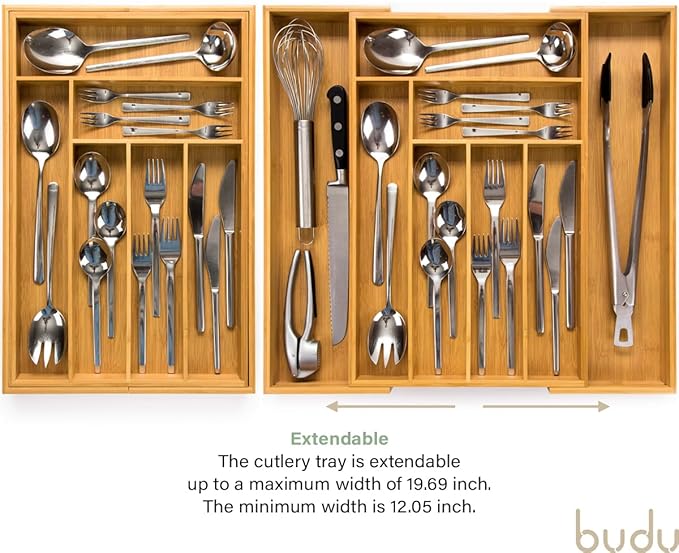 budu Silverware Drawer Organizer #18.5" Depth – Utensil Holder, Kitchen Drawer Organizers for Flatware, Cutlery – Perfect Utensil Organizer for Silverware & Other Kitchen Organization Tools & Storage