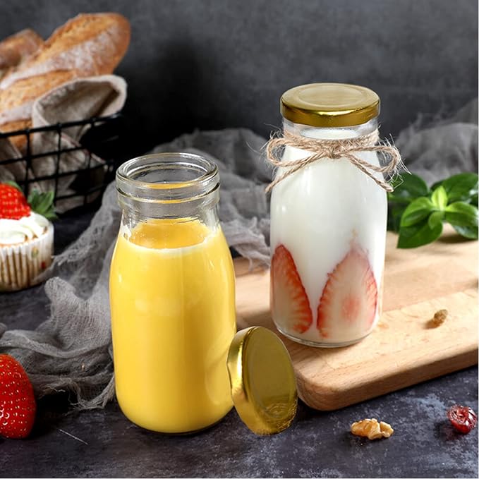 QAPPDA 12 oz Glass Bottles, Clear Glass Milk Bottles with Gold Metal Lids, Vintage Breakfast Shake Clear Container, Vintage Drinking Bottle with Whiteboard Labels and Pen for Party,Kids,Set of 20