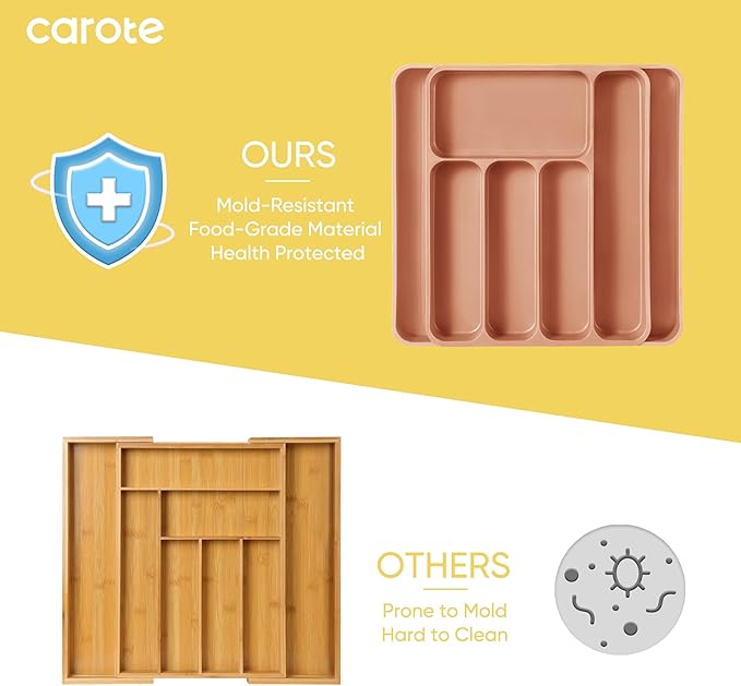CAROTE Silverware Organizer for Spoons Forks Knives, Expandable Kitchen Drawer Organizer, BPA Free Adjustable Flatware and Cutlery Drawer Organizer, Large, Terracotta