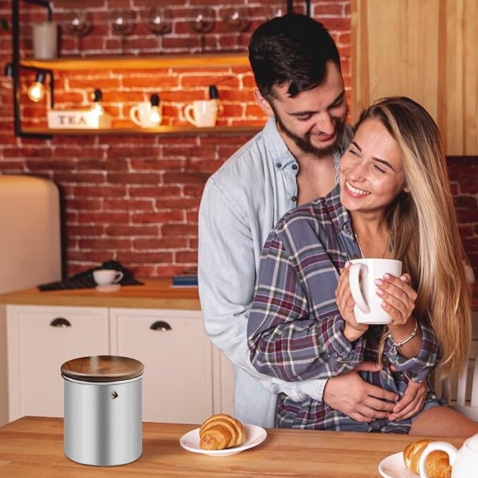 Food Storage Jar Canister with Airtight Walnut Wood Lid Elegant Design Stainless Steel Canister for Tea Coffee Sugar Spice Nuts Snacks Seasonings Storage Jar Caddy (12.8oz Natural)