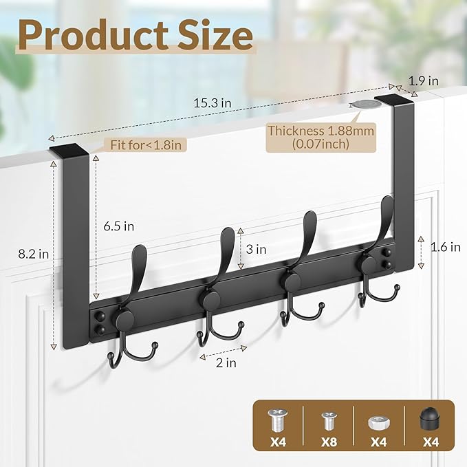 2 Packs Over The Door Hooks with 4 Tri Hooks, Heavy Duty Over Door Hanger for Bathroom Closet Bedroom Kitchen Dorm Room, Towel Coat Rack Home Organizer for Hanging Clothes Coat Hat Jacket (2, Black)