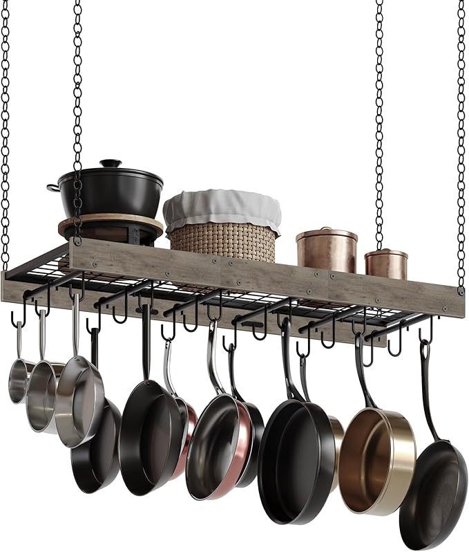 Hanging Pot Rack, Ceiling Wall Mounted Pot Rack for Kitchen, Industrial Style Pot Hanger with 18 Hooks, Cookware Storage Organizer, for Pots and Pans, Greige and Black TPR12BGC1