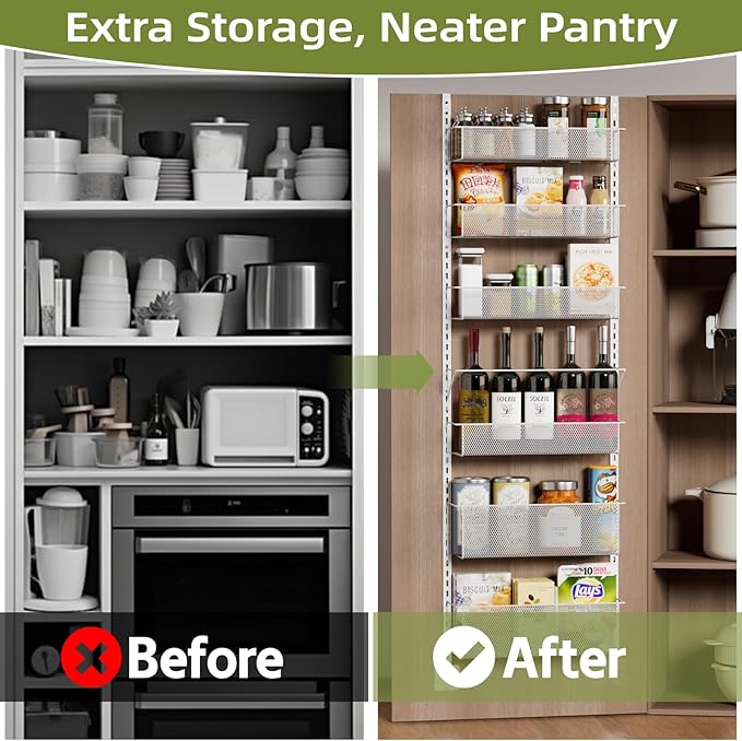 Over The Door Pantry Organizer, 6-Tier Pantry Door Organizer Shelves, Metal Hanging & Wall Mount Spice Rack Organizer, Pantry Door Organization for Pantry Kitchen Storage Room Spice Rack