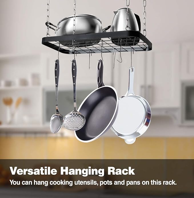 Hanging Pots and Pans Organizer Rack for Ceiling Wall Mount Grid Kitchen Pot Storage Shelves for Utensils, Cookware with 8 S Hooks (24.4 x 11.8 x 1.2 inches)- JACKCUBE DESIGN MK397B