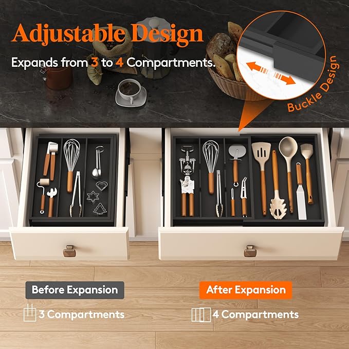 Lifewit Utensil Drawer Organizer, Expendable Cooking Silverware Tray for Kitchen Drawer, Bamboo Adjustable Cutlery Flatware Holder, Spatula Tools and Gadgets Storage Divider, 4 Compartments, Black